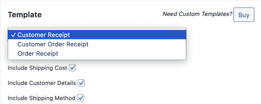 BizPrint WooCommerce receipt template options