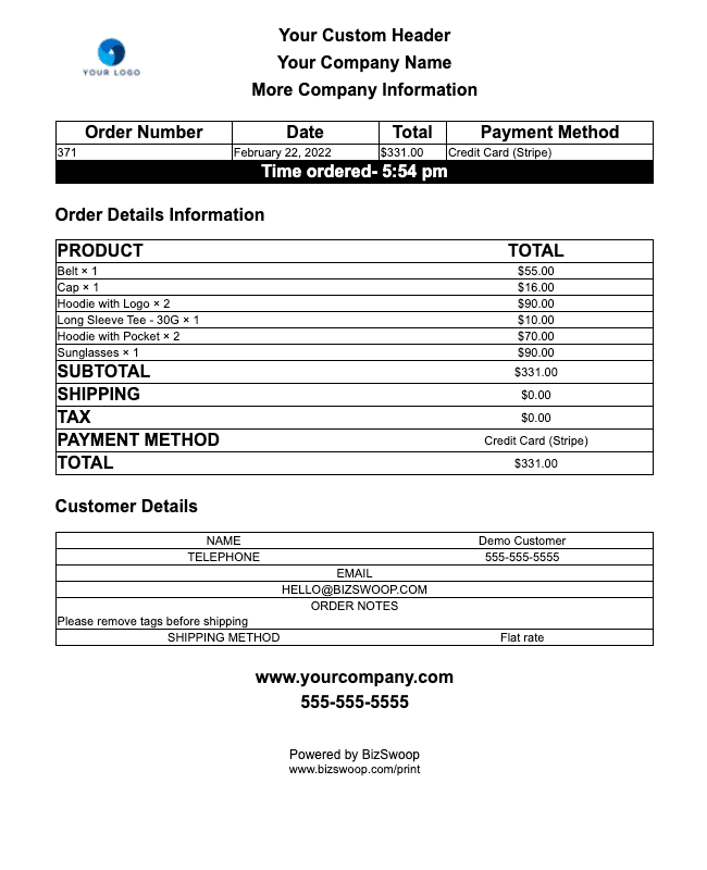 Sample customized WooCommerce receipt from BizPrint