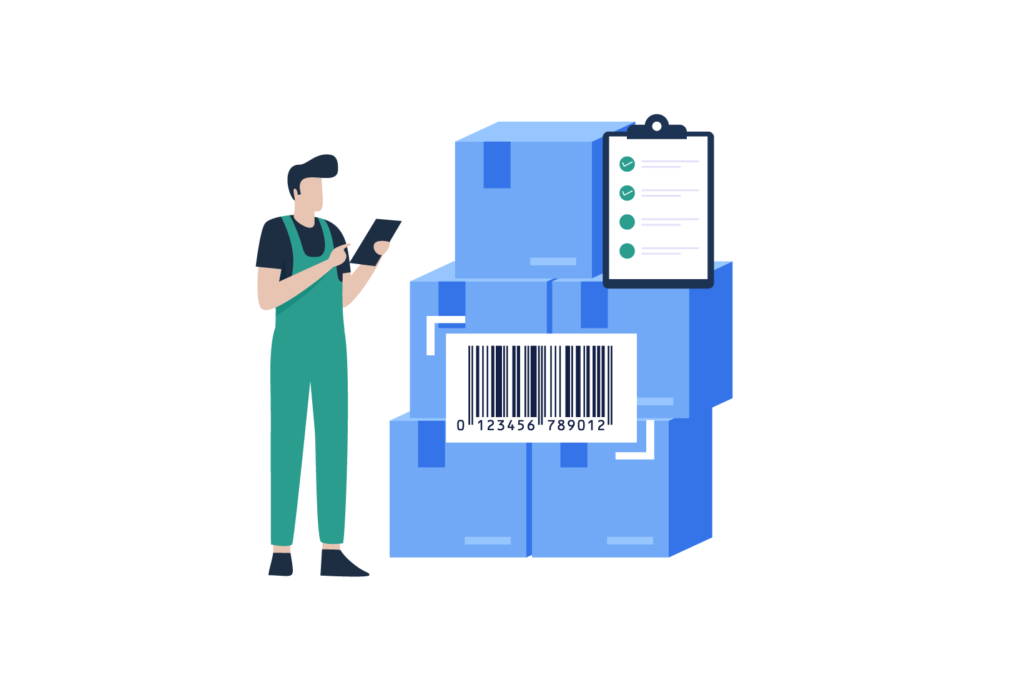graphic of a man tracking inventory by scanning barcodes with a POS system