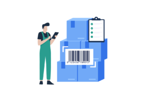 graphic of a man tracking inventory by scanning barcodes with a POS system