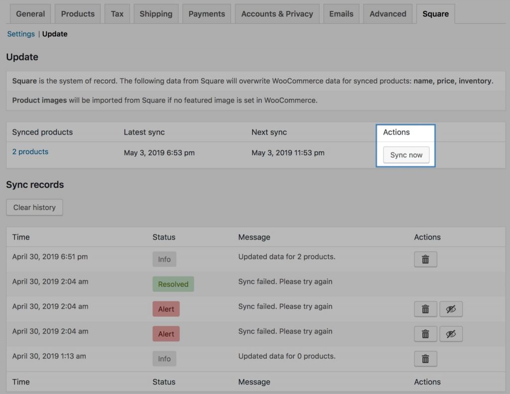 sync products for square pos woocommerce integration