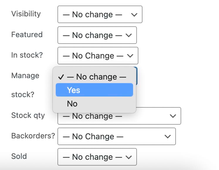 Change stock management settings for multiple products in WooCommerce.