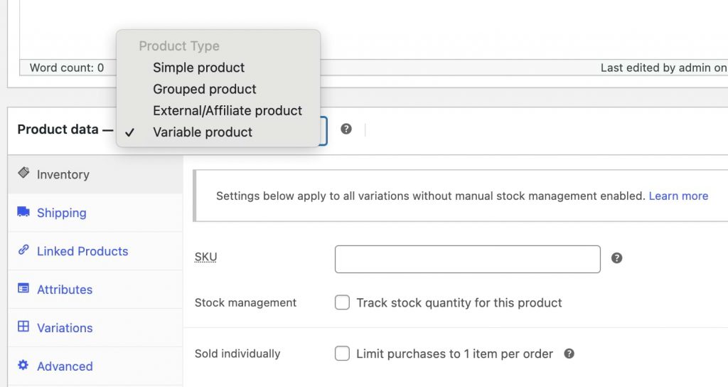 Select a product type in WooCommerce.