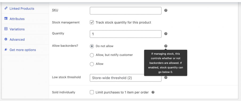 Enabling/disabling backorders when a product is out of stock in WooCommerce.