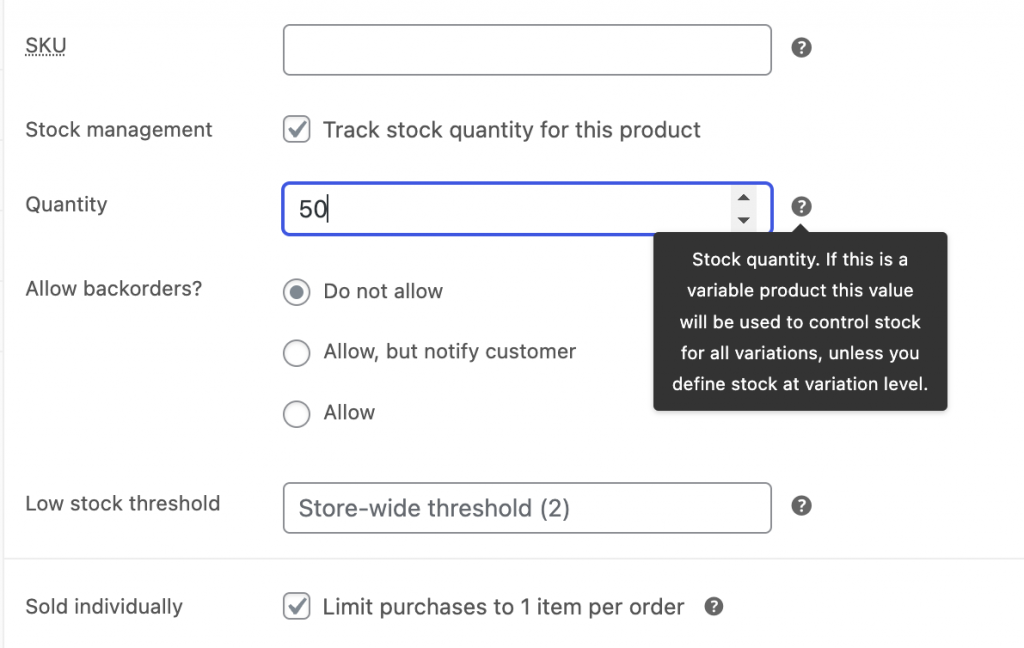 Add the stock quantity for a product in WooCommerce.