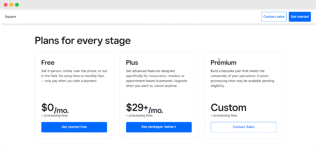 Square pricing page.