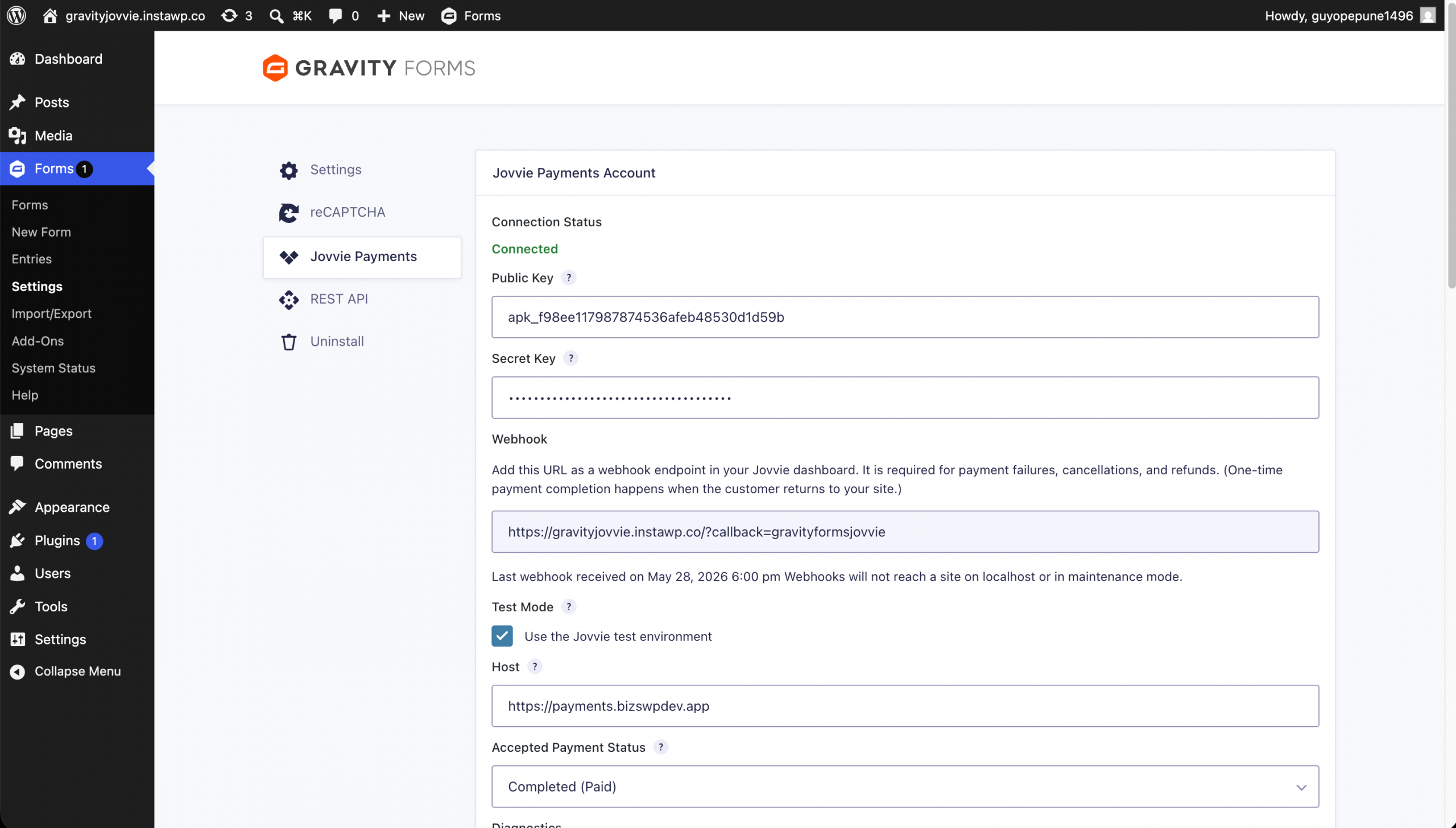 The Jovvie Payments Account section after connecting, showing a green Connected status with the Public Key and Secret Key filled in.