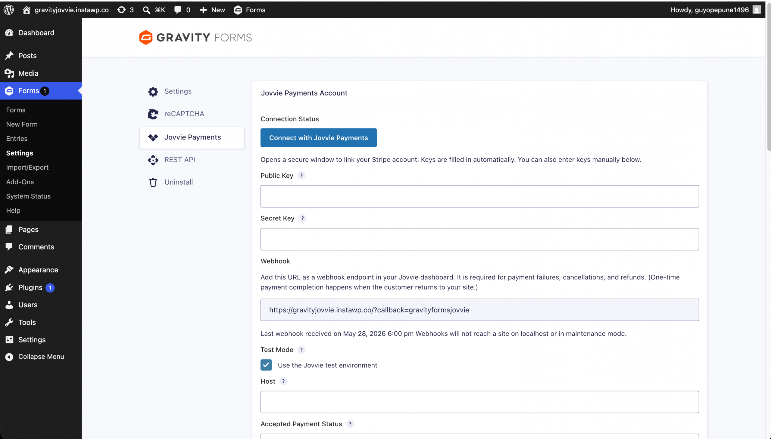 The Jovvie Payments settings screen in the WordPress admin, with the Connect with Jovvie Payments button under Connection Status.