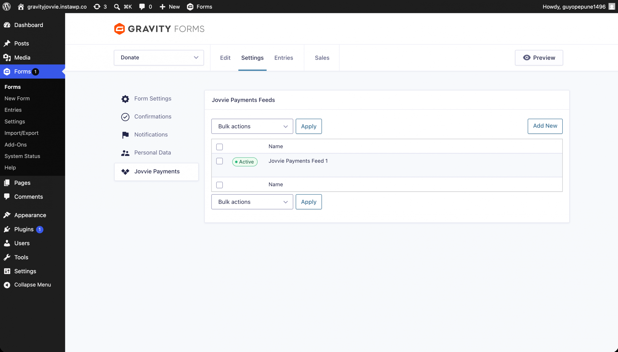 The Jovvie Payments feed editor for a Gravity Form, showing the Name, Description and Conditional Logic settings.