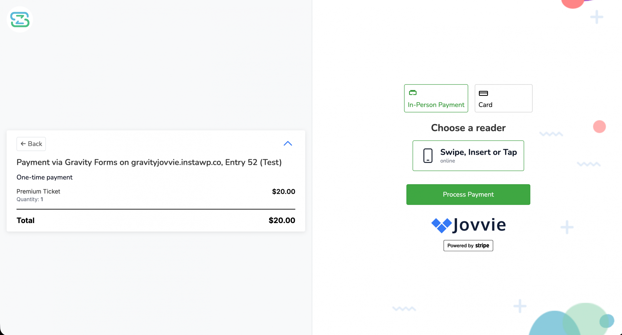 The Jovvie hosted checkout page prompting the customer to tap, insert or swipe their card on the terminal reader.