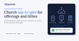Church tap-to-give with an usher's phone, lobby kiosk and card reader, recorded by fund in Give