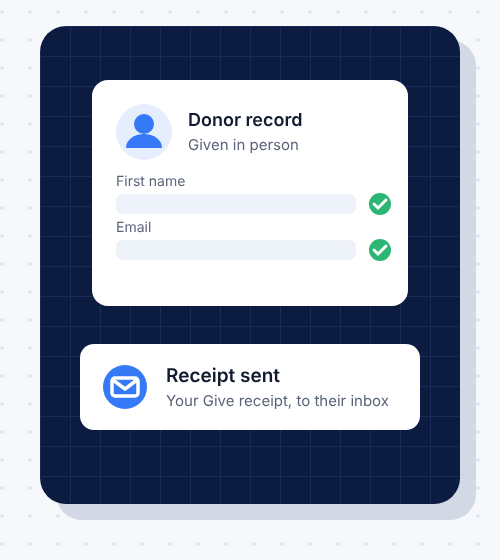 Donor record with first name and email captured in person, and the Give receipt sent to the donor's inbox