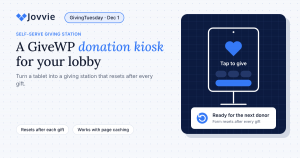 GiveWP donation kiosk on a tablet stand that resets after every gift