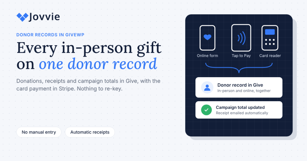 In-person and online GiveWP donations recorded on one donor record with an automatic receipt