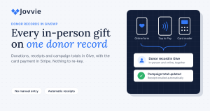 In-person and online GiveWP donations recorded on one donor record with an automatic receipt