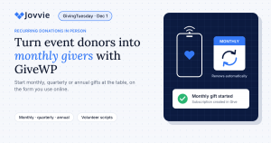 Starting a monthly GiveWP recurring donation in person with a phone at a GivingTuesday table
