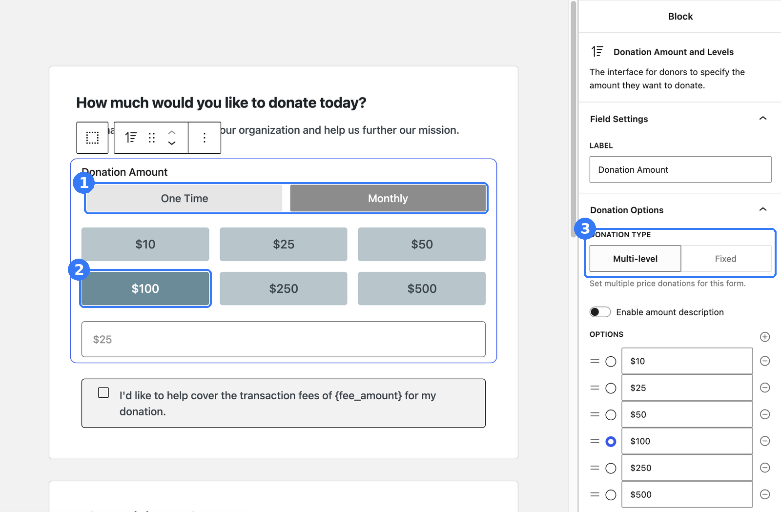 Give Visual Form Builder showing a One Time and Monthly toggle above multi-level donation amounts