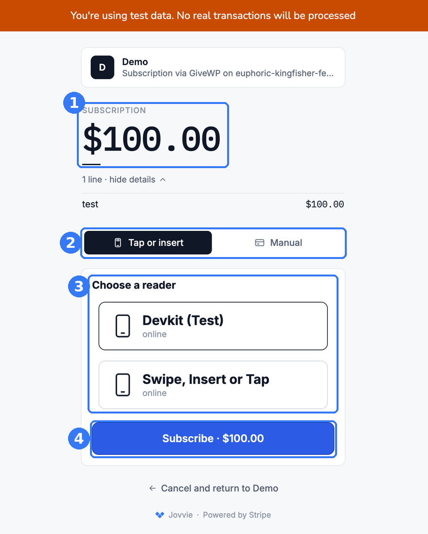 Jovvie in-person payment screen in Test Mode with a reader selected and the Subscribe button