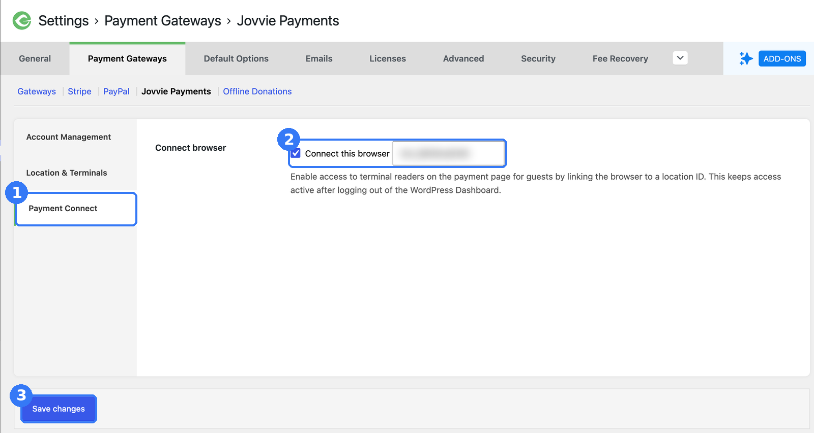Jovvie Payments Payment Connect settings with Connect this browser checked and a location ID entered