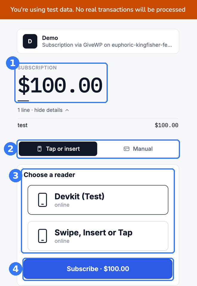 Jovvie in-person payment screen in Test Mode: the amount, Tap or insert, the reader to use and the Subscribe button