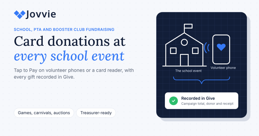 School PTA and booster club card donations with Tap to Pay on a volunteer phone, recorded in GiveWP